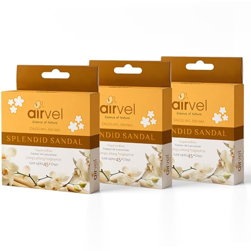 Image of Airvel Splendid Sandal Fragrance Block | Long-Lasting Freshness Up to 45 Days | Non-Toxic | Bathroom Freshener | Toilet Odor Remover | Easy to Use | Mess-Free | Pack of 3-75g Each