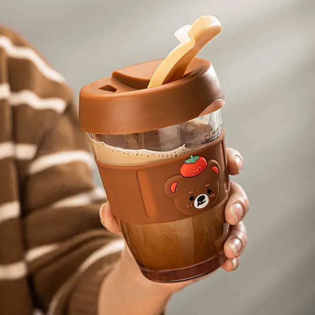 Image of Kamvy Cute Glass Mug with Lid & Silicone Cartoon Sleeve | Pack of 1, 350ml Leakproof Sipper Cup | Heat Resistant Glass Cup for Coffee | Reusable Travel Mug for Kids & Adults (BROWEN)