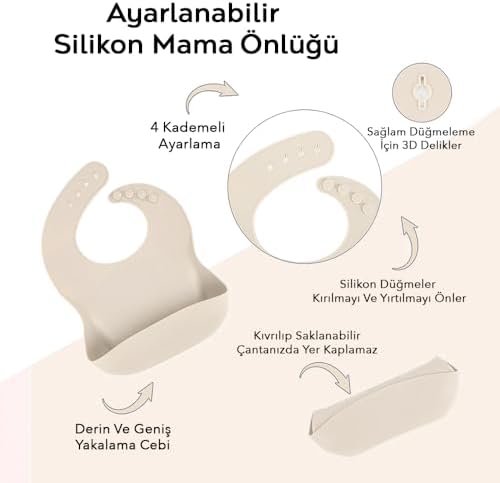 Meleni Baby 2'li Silikon Bebek Beslenme Seti - Vakum Tabanlı Mama Tabağı Ayarlanabilir Silikon Mama Önlüğü Krem - Görsel 2