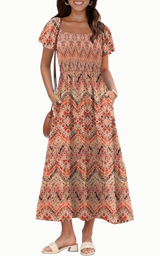 Image of OFEEFAN Summer Dresses for Women Square Neck Ruffle Sleeve Smocked Maxi Dress with Pockets