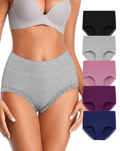 Annenmy High Waisted Briefs Women Cotton Underwear Full Coverage Panties Lace Underwear Sexy Panties Stretch 5 Pack M Multicolor