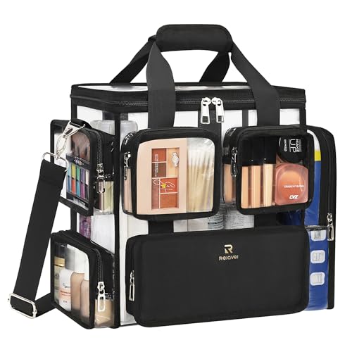 Relavel Large Clear Makeup Bags, Professional Makeup Artist Kit Set Bag with Removable Dividers, Travel Cosmetic Organizer Hairstylist Traveling Bag Transparent PVC Work Tote Bag Duffle Bag for Women