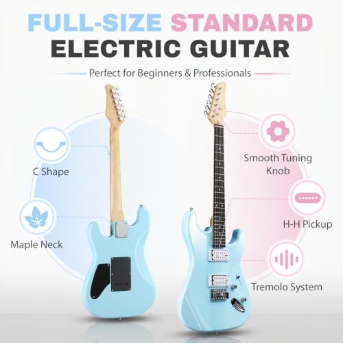 Image of Ktaxon 39 Inch Solid Body Electric Guitar with H-H Pickup, Sky Blue | 6 Strings Guitarra Electrica with Gig Bag, Strap, Whammy Bar, Maple Neck for Beginners & Musicians, Rock Metal, Right Hand