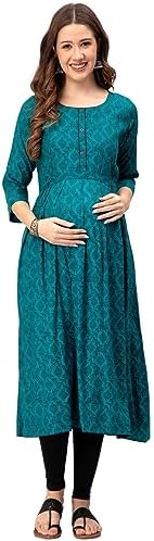 CEE 18 Cotton Rayon A-Line Flared Maternity Feeding Kurti for Women with Zippers | Maxi Gown Dress for Women | Breastfeeding Dress for Mothers | Feeding Kurti for Women | Maternity Wear for Women