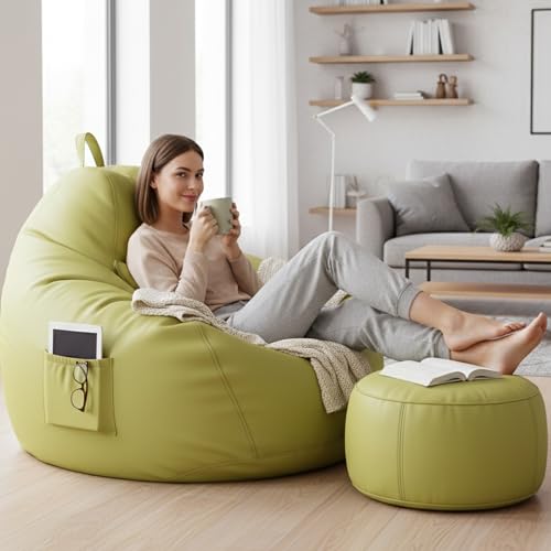 Image of KAM'S LIEU 6XL Luxury Faux Leather Bean Bag with Footrest & Cushion | Pre-Filled High-Density Polystyrene Beans | Premium Leatherette |Teardrop Handle Design | 6 Months Warranty Color- Olive Green