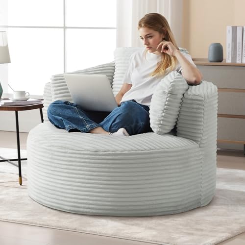 Image of 48.8-inch Round Chair, Modern Accent Corduroy Comfy Deep Seat Boneless Foam Floor Single Circle Chaise Sofa Chair with 3 Pillows for Living Room Bedroom Office, No Assembly Required, Light Grey