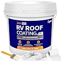 Liquid Rubber Waterproof Solar Reflective RV Roof Coating - White RV Roof Sealant with Wooden Brush, Work Gloves & Repair Tape for Campers, Trailers, Motorhomes, Metal Buildings - 1 Gallon