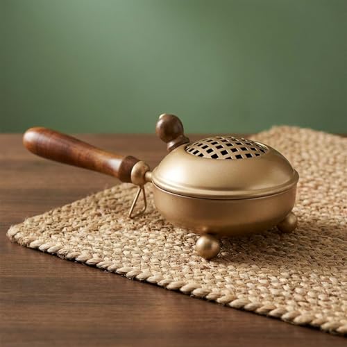 Image of Amazon Brand - Solimo Dhoop Dani with Handle (11.4 cm / 4.4 Inch) | Incense & Loban Burner Dhuni Stand | Durable Iron Body with Golden Finish | Round Design | Safe Grip Handle | Ideal for Home, Office & Temple Pooja