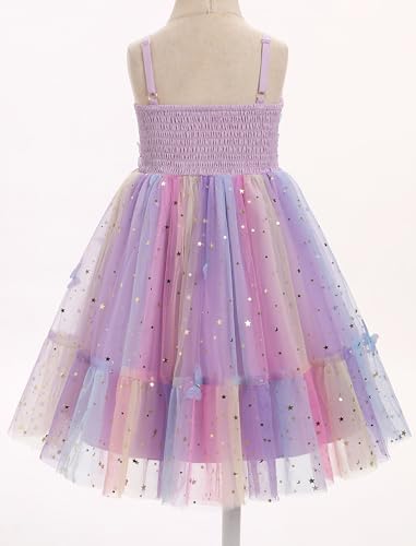 WIBMK Kids Baby Girls Sequin Stars Butterfly Rainbow Tulle Dress Spaghetti Strap Prom Birthday Wedding Party Dresses3