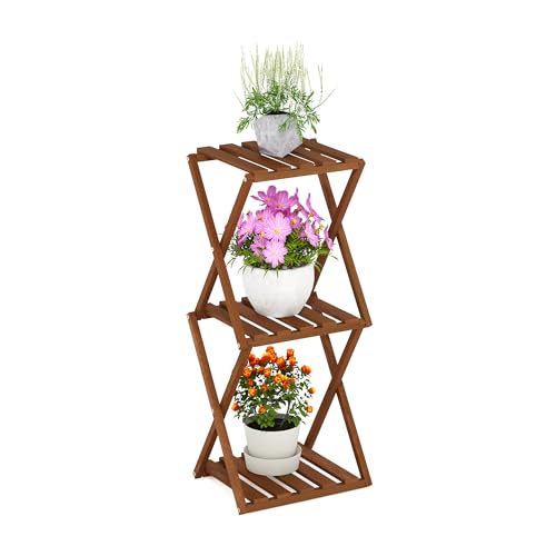 Furinno TIOMAN Patio Table, 3-Tier Outdoor Side Table, Toolless Multipurpose Folding Display Shelf, Plant Stand, for Patio, Garden, Porch, Natural