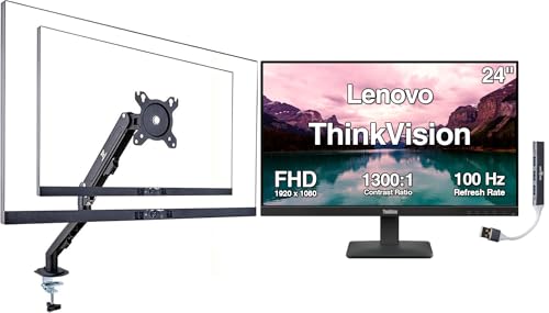 Image of Lenovo ThinkVision 24 inch FHD IPS Monitor with 4ms Response Time, 100 Hz Refresh Rate, Flicker Free, VESA Mount (100mm), HDMI, Black w /DKZ Hub & ErgoFlexy Single Mount Arm