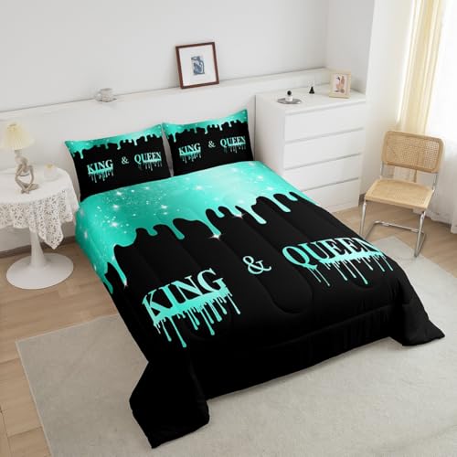 Image of Feelyou Couple Glitter Green King Queen Comforter Set Twin Size, Mr Mrs Comforter for Man Woman Valentine Day Bedding Set Anniversary Duvet Set Microfiber Bed Set