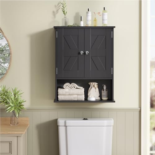 Image of TEENFON Bathroom Wall Cabinet Over the Toilet Storage Cabinet with Barn Doors and Adjustable Shelves Bathroom Cabinet Over Toilet for Bathroom, Kitchen, Laundry Room,Black