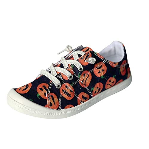 Women's Canvas Shoes,Halloween Pumpkin Ghost Print Flat Sports Shoes for Women Breathable Women's Shoes