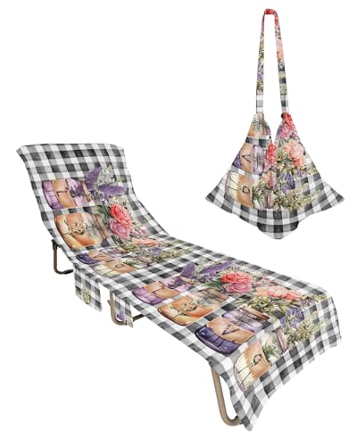 Valentine's Plaid Beach Chair Towel Covers for Chaise Lounge with Side Pocket, Soft Plush Pool Towels Cover for Patio Sunbathing Outdoor 29''x85'' Botanical Lavender Roses Flower Leaves