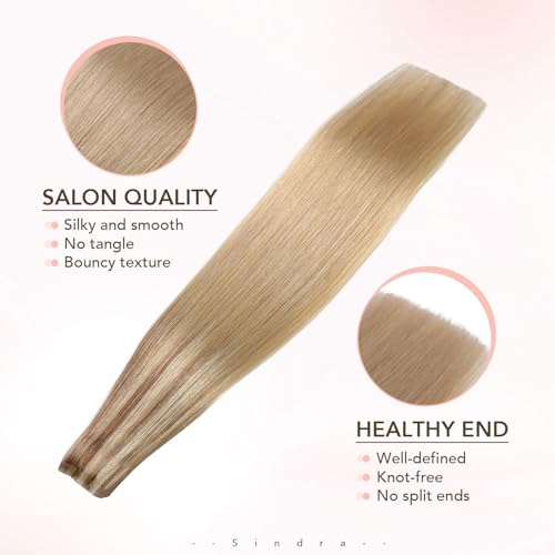 Image of Sindra Invisi Edge Tape in Hair Extensions Human Hair | 20Inch 55g 20pcs, Golden Brown Mixed Light Blonde, Invisible Injected Tape Ins, Soft Natural, Seamless Blend