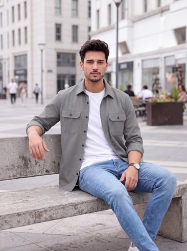 Image of Amazon Brand - INKAST Men's Cotton Blend Button Down Shirt | Long Sleeve Casual Lightweight Breathable Collared Shirts | Soft Comfortable Everyday Wear |Two Flap Chest Pockets |Using like Jacket Shirt