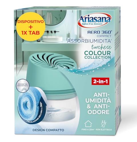 Ariasana Assorbiumidità Aero 360° Compact Turchese Colour Collection, 1 Deumidificatore e 1 Tab di ricarica 450g, Assorbiumidità per la circolazione dell'aria, Deumidificatore casa contro l'umidità