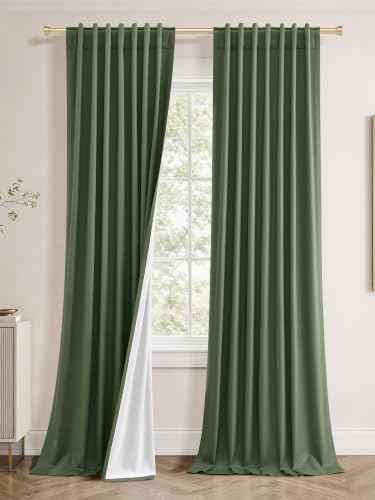 Jowels Olive Green Linen Blackout Curtains 84 Inches Long for Bedroom