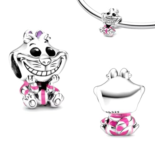 Abalorio de plata de ley S925 con diseño de gato de Cheshire, cara sonriente, detalles rosas, talla única, Plata de ley Plata de ley esmaltado, No es una piedra preciosa