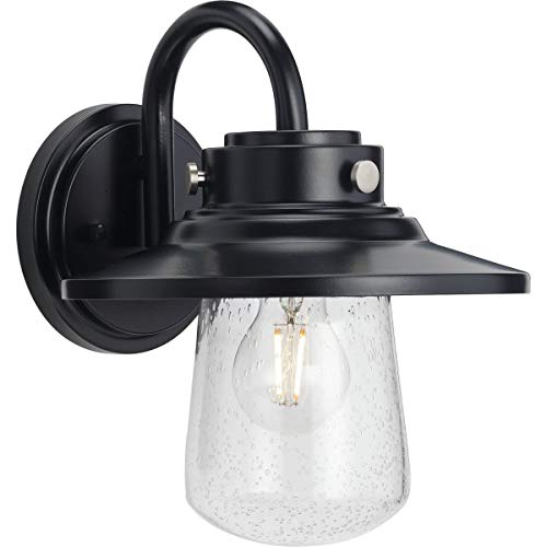 Tremont Collection 1-Light Clear Seeded Glass Matte Black Industrial Outdoor Medium Wall Lantern Light #TOP16