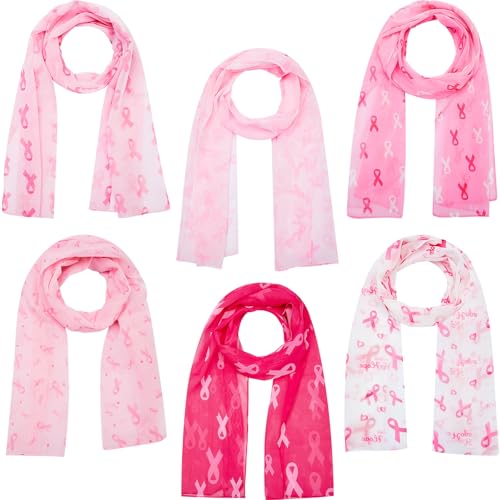 6 Pcs Breast Cancer Awareness Scarf Pink Ribbon Festive Long Scarf for Women Mother's Day Christmas Birthday Gift