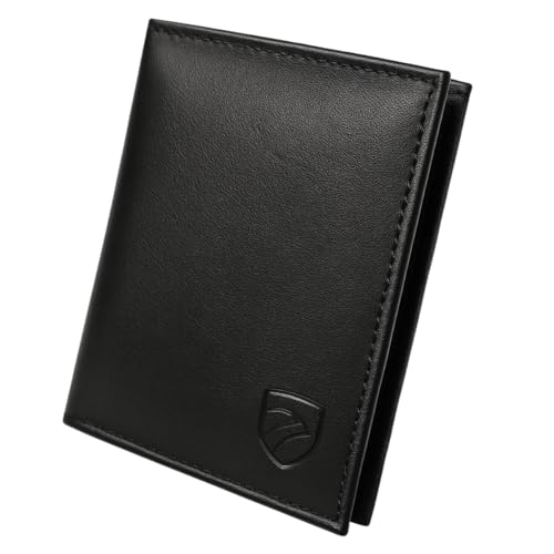 Carteira Masculina de Couro Legítimo Slim com Porta Cartões e Documentos, Carteira Masculina Dobrável Clássica para Uso Diário (Preto)