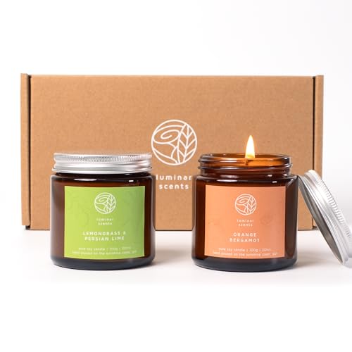 Natural Soy Candle Gift Sets Made in Australia – 2 Pack 100g Scented Aromatherapy Candle Amber Jar with Lid – Hand Poured on The Sunshine Coast (Orange Bergamot, Lemongrass & Persian Lime)