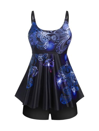 Rosegal Womens Plus Size Curve Butterfly Padded Boyleg Modest Tankini Swimsuit