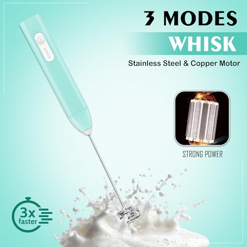 Image of GLUN Portable Coffee Frother Vibe Greenish Blue Colour 1 Piece, Type-C Port Rechargeable Handheld Milk Frother with 2-Layer Detachable Steel Whisk, Fast Foam Maker for Latte, Cappuccino & Coffee