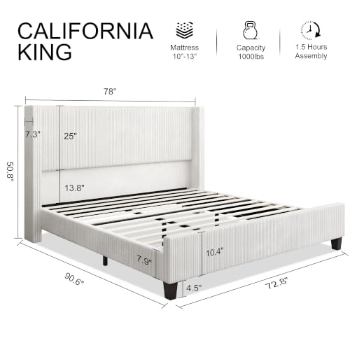 Image of HOWE California King Size Bed Frame with Corduroy Wingback Headboard, White | Modern Upholstered Platform Bed, 50.8 Inch Tall Profile, Solid Wood Slats, No Box Spring Needed, Noise-Reducing Designrt
