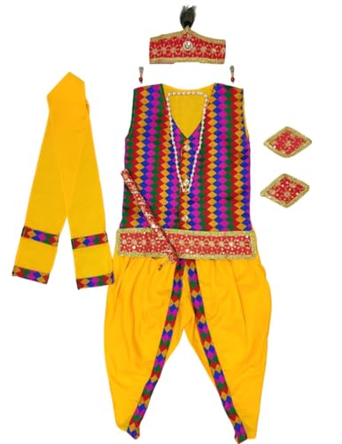Image of BookMyCostume Shri Krishna Multicolor Kids Fancy Dress Costume 9 Pcs Set with Red Accessories - Premium 5-6 years