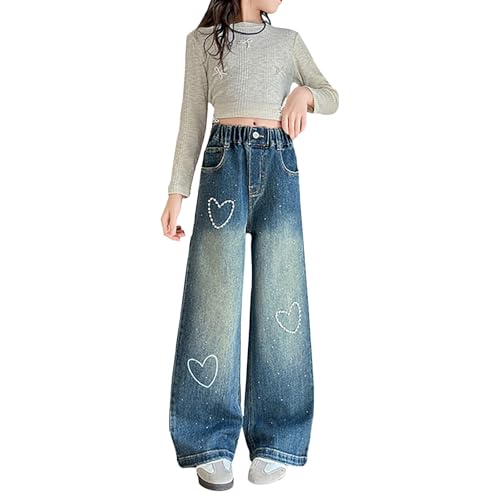 Girls Heart Print Jeans Kids Baggy Elastic High Waisted