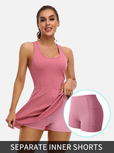Attraco Womens Sleeveless Exercise Dress With Bra And Shorts Athletic Workout Dress With Pockets For Summer Pink #TOP2
