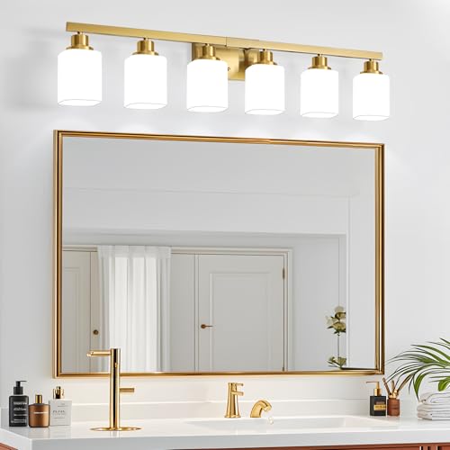 Image of Brushed Gold Bathroom Vanity Light,6-Light Bathroom Light Fixtures with Square Frosted Glass,Gold Bathroom Wall Lamp Sconces for Mirror Bedroom,Living Room Hallway,E26