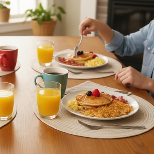 Image of SHACOS Round Braided Placemats Set of 4 Washable Place Mats for Dining Tables 15 inch Non Slip Kitchen Table Mats (Beige, 4)
