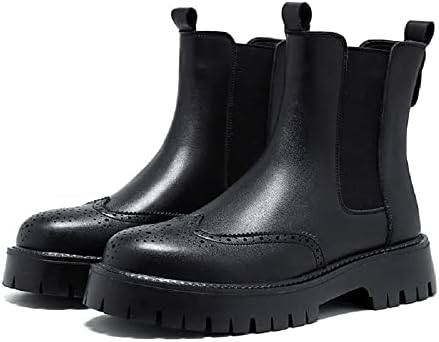 メンズ レザー プラットフォーム チェルシーブーツ ラグソール チャンキーヒール ブローグ ドレス アンクルブーツ ラウンドトゥ レ