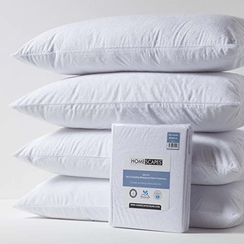HOMESCAPES Set of 4 Euro Size 40 x 80 cm Terry Towelling Waterproof Pillow Protectors 100% Cotton Terry Pile Top Breathable Hypoallergenic Washable Pillow Covers with Zip Closure