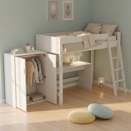 Kayan Kinderbett 90x200 cm, Hochbett mit Leiter, Schreibtisch und Kleiderschrank, Funktionsbett Kinderhochbett Jugendhochbett mit Rausfallschutz & Lattenrost, Weiß