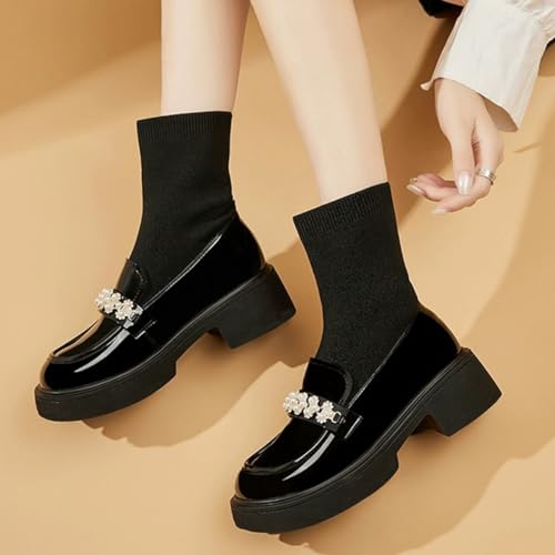 FOWT Women Platform Round Toe Ankle Boots Pearl Strap Chunky Low Heel Loafer Booties Elastic Calf Cute Dressy Shoes Size 4-16 US4