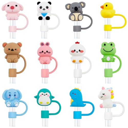 12 Pcs Silicone Straw Toppers for Stanley Cups, 3D Reusable Cute Animal Cover Caps Decoration for 40&30 oz Tumblers with DIA 10 mm Straws