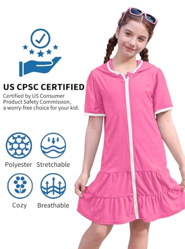 Image of BesserBay Girls Summer Beach Quick Dry Cover Up Ruffle Hem Terry Smocked Hooded 4-14 Years with Pockets