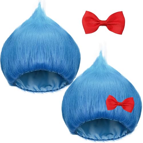 Geyoga 2 Pcs Blue Wig with Red Bow Cosplay, Light Blue,Red Bow, Funny