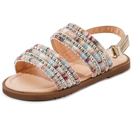 Image of Dodow Girls Sandals Open Toe Hook and Loop Flat Dress Sandals Summer Shoes for Toddler Little Kid