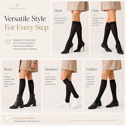 Image of Winterlace Women's Trouser Socks, Opaque Stretchy Nylon Knee High, Many Colors, 6 or 12 Pairs