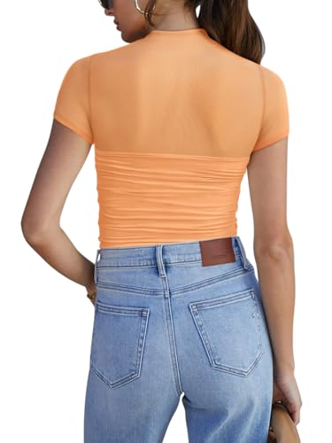 Image of REORIA Women's Summer Sexy Mock Turtle Neck Short Sleeve Slimming Shirts Sheer Mesh Ruched Fashion Night Out Thong Body Suits Tops Peach Fuzz X-Large