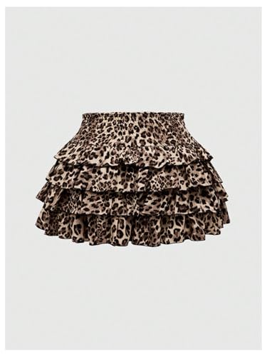 Floerns Women's Plus Size Y2k Cheetah Skirts High Waisted Ruffle Hem Layered Mini Skirt2