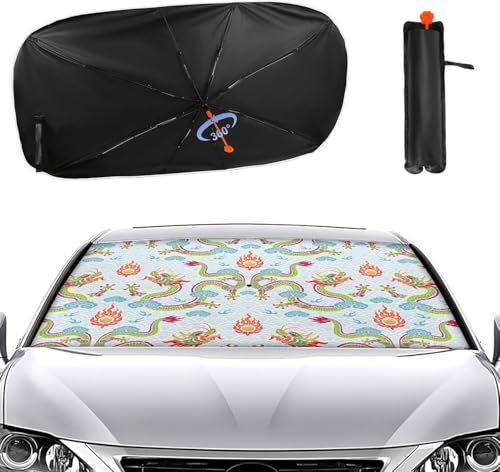 車用サンシェード 龍 ドラゴン柄 和風 伝統 傘型 折りたた式 遮光 遮熱 紫外線遮蔽おしゃれ 取り付け簡単