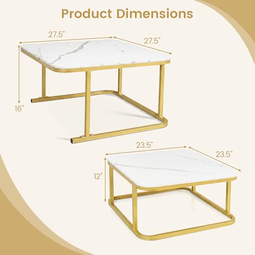 Image of GIANTEX Nesting Coffee Table Set of 2, Faux Marble Center Table with Metal Frame, Modern Square Accent Cocktail Table, Small Coffee Table for Living Room, Small Spaces (White & Gold)