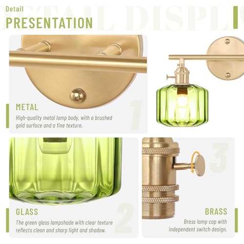 Image of Bathroom Vanity Lighting Mid Century Wall Sconce 2-Light Farmhouse Gold Brass Brushed Bathroom Wall Light Fixtures with Green Striped Hand Blown Glass Shade for Bedroom Living Room